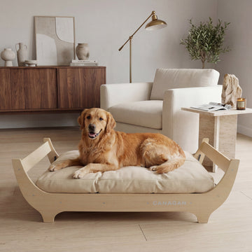 CANAGAN Elevated Wooden Dog Bed with Cushion, Natural Wood, Large | Raised Dog Couch Bed with a Washable Cover and Plush PP-Filled Cushion, Designed for Large Dogs and Stylish Indoor Living