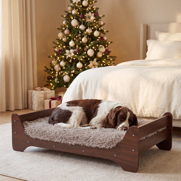 GLOSSGODS Elevated Engineered Wood Dog Bed with Mattress, WalnutPattern, L | Raised Dog Bed with Washable Cover, Furniture-Style Design for Indoor Living
