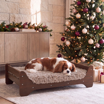 GLOSSGODS Elevated Engineered Wood Dog Bed with Mattress, WalnutPattern, M | Raised Dog Bed with Washable Cover, Furniture-Style Design for Indoor Living