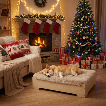 GLOSSGODS Elevated Dog Bed and Mattress with Removable Washable Cover, Egg Crate Foam, Wooden Frame, Suitable for Pet Up to 50 lbs, Naturalwood M